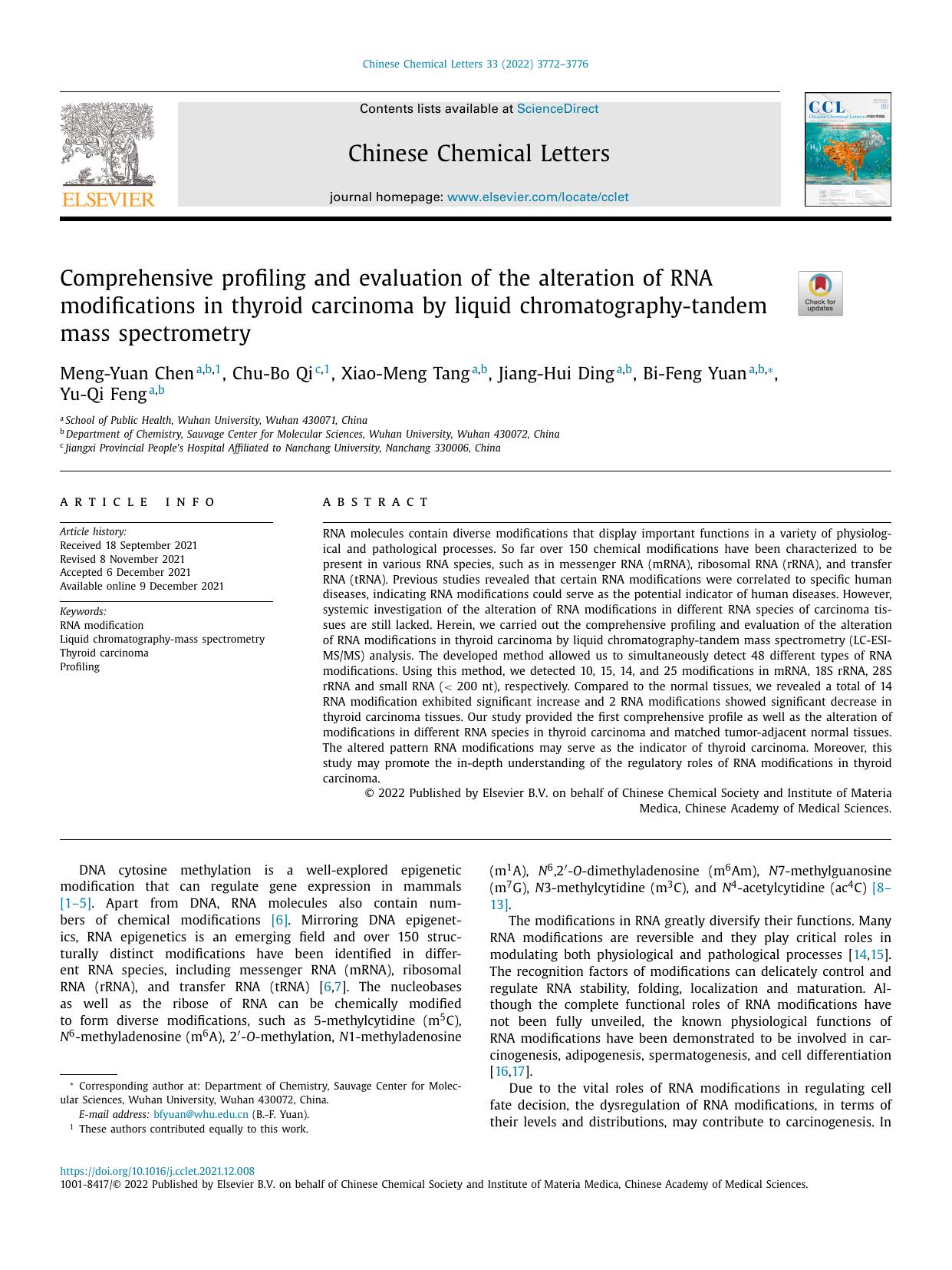 Comprehensive profiling and evaluation of the alteration of RNA modifications in thyroid carcinoma by liquid chromatography-tandem mass spectrometry by Meng-Yuan Chen & Chu-Bo Qi & Xiao-Meng Tang & Jiang-Hui Ding & Bi-Feng Yuan & Yu-Qi Feng