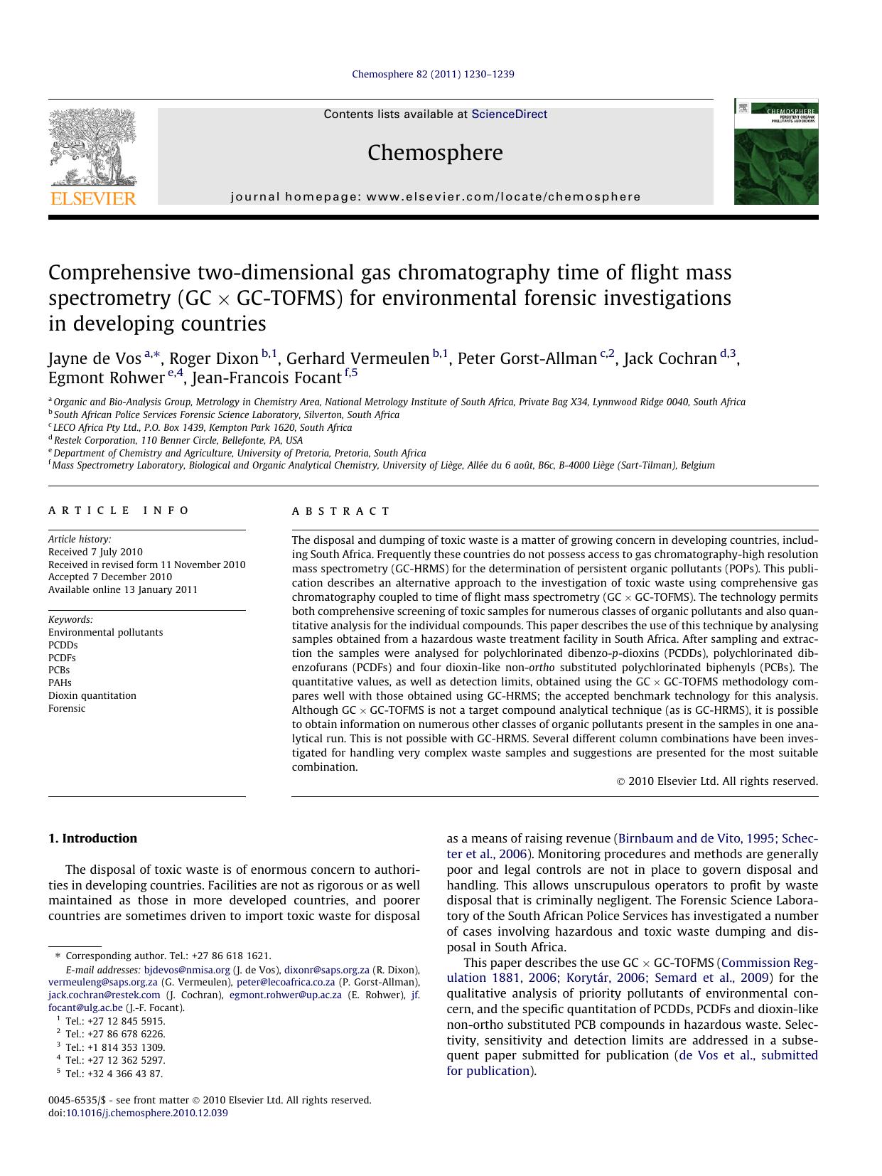 Comprehensive two-dimensional gas chromatography time of flight mass spectrometry (GCÃâGC-TOFMS) for environmental forensic investigations in developing countries by unknow