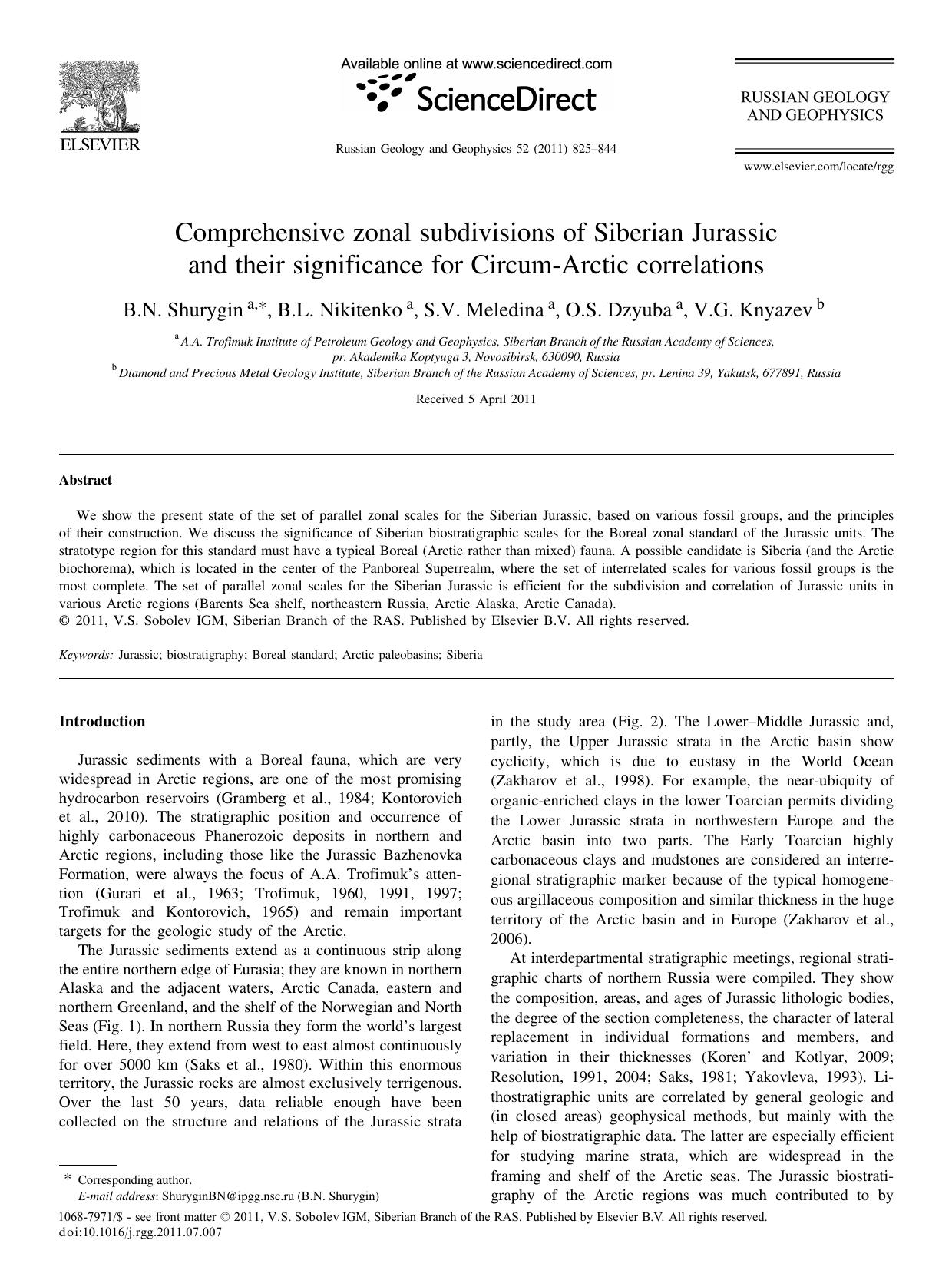 Comprehensive zonal subdivisions of Siberian Jurassic and their significance for Circum-Arctic correlations by B.N. Shurygin & B.L. Nikitenko & S.V. Meledina & O.S. Dzyuba & V.G. Knyazev