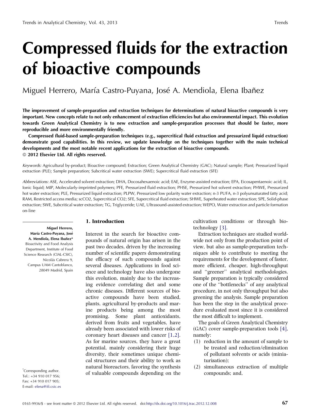 Compressed fluids for the extraction of bioactive compounds by Miguel Herrero & María Castro-Puyana & José A. Mendiola & Elena Ibañez