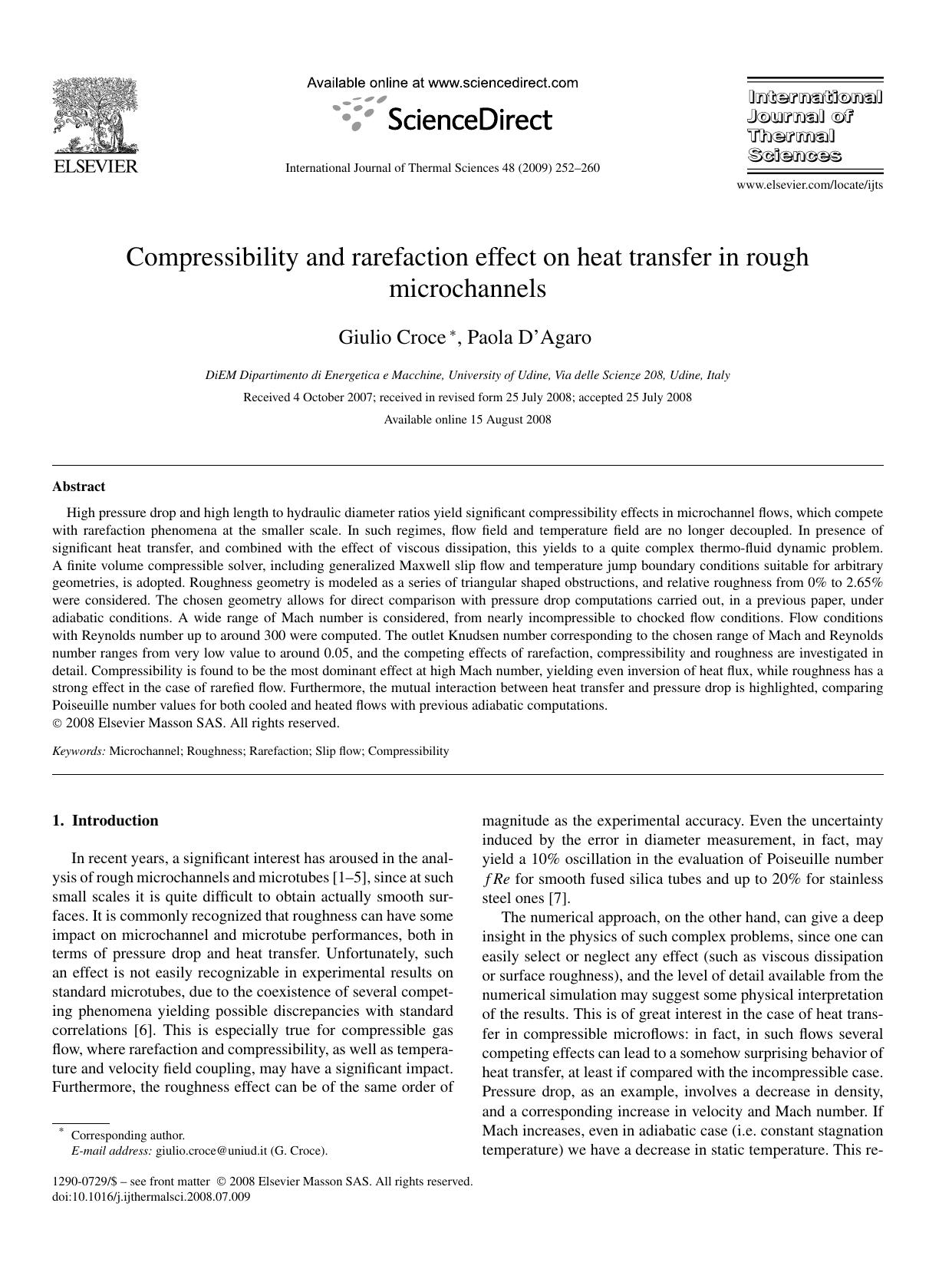 Compressibility and rarefaction effect on heat transfer in rough microchannels by Giulio Croce; Paola D'Agaro