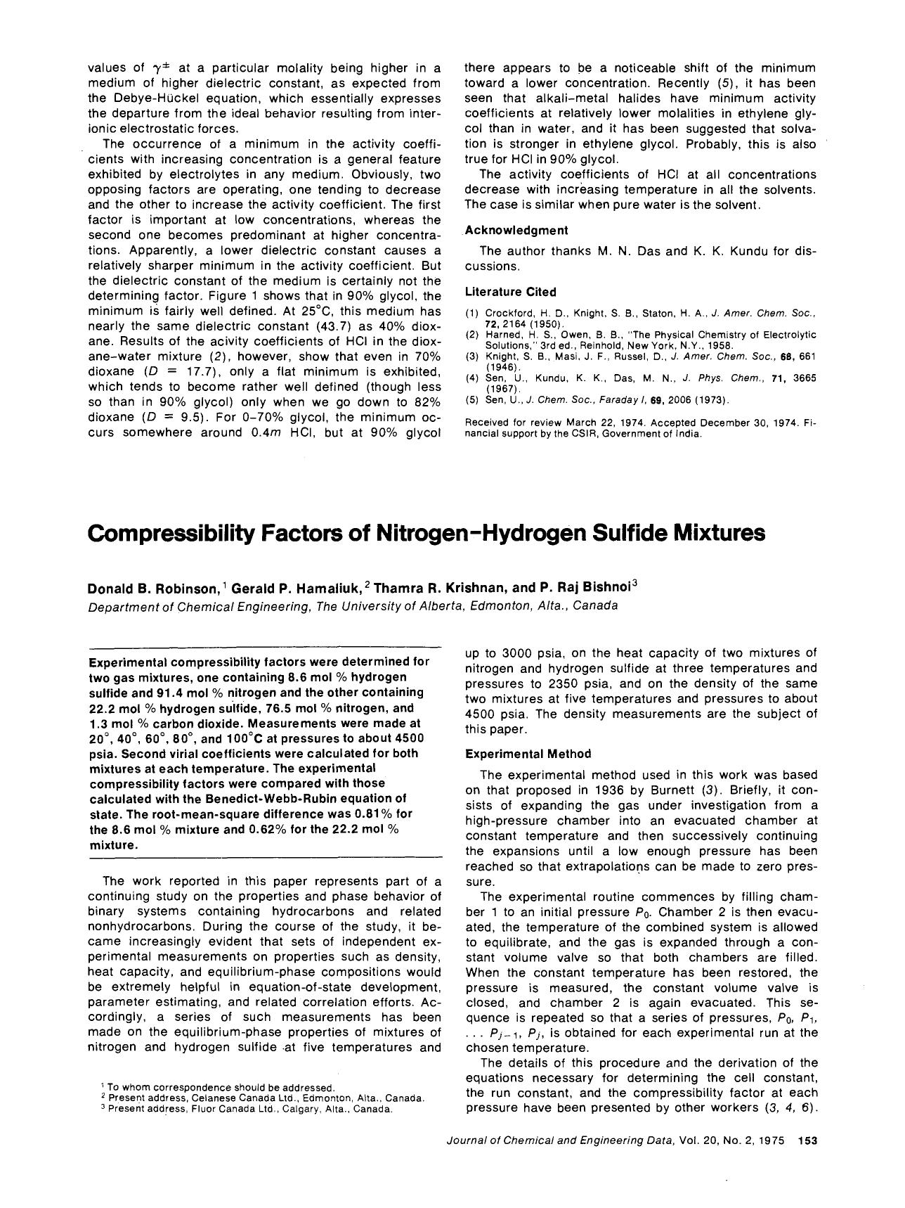 Compressibility factors of nitrogen-hydrogen sulfide mixtures by Donald B. Robinson Gerald P. Hamaliuk Thamra R. Krishnan P. Raj Bishnoi