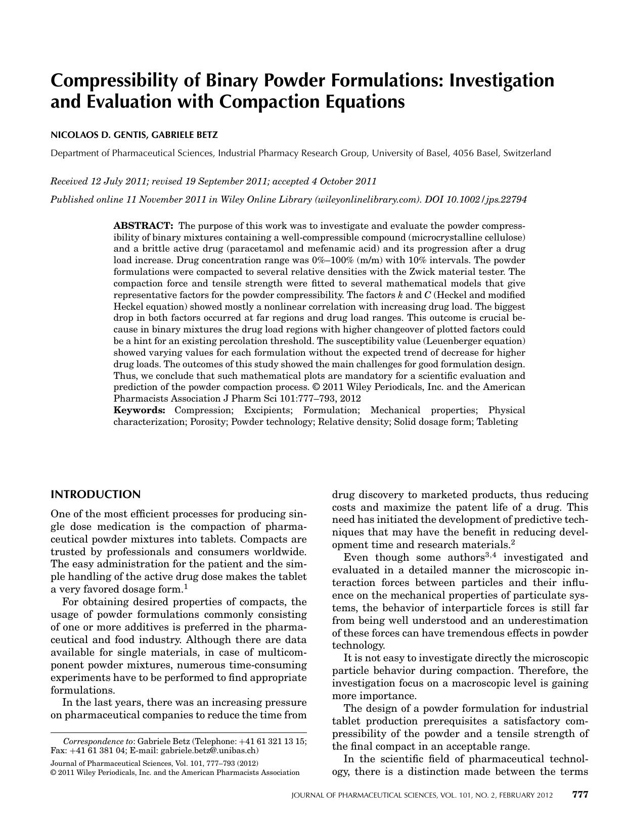 Compressibility of binary powder formulations: Investigation and evaluation with compaction equations by Unknown