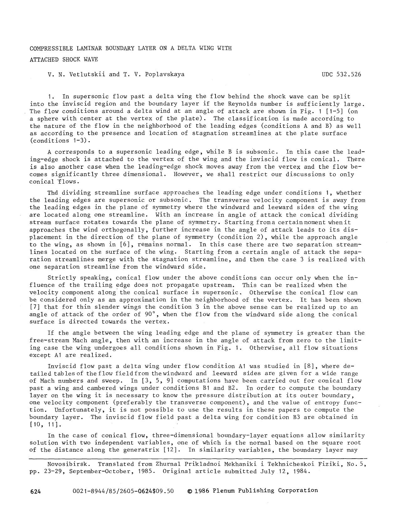 Compressible laminar boundary layer on a delta wing with attached shock wave by Unknown