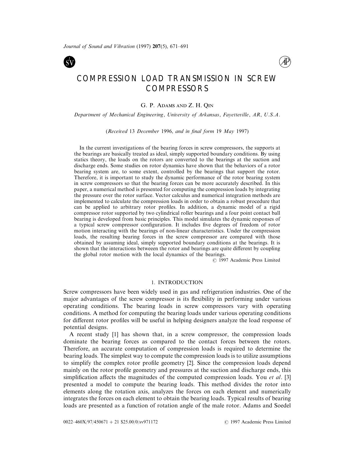 Compression Load Transmission in Screw Compressors by Adams G. P. & Qin Z. H