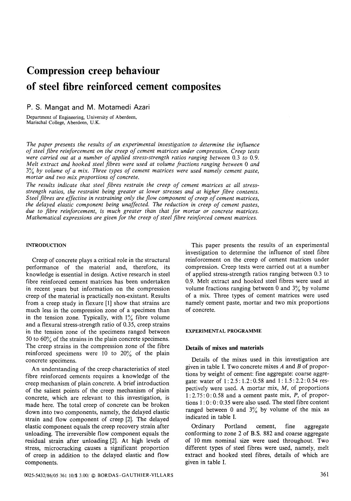 Compression creep behaviour of steel fibre reinforced cement composites by Unknown