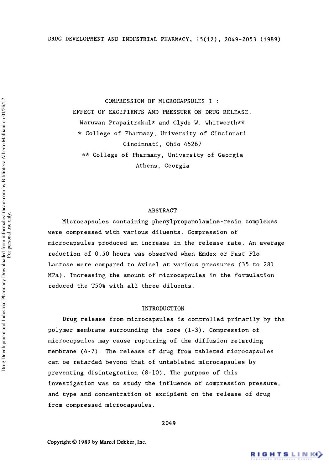 Compression of Microcapsules I: Effect of Excipients and Pressure on Drug Release by Waruwan Prapaitrakul & Clyde W. Whitworth