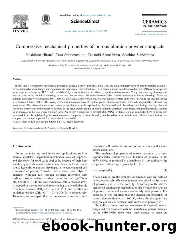 Compressive mechanical properties of porous alumina powder compacts by Yoshihiro Hirata & Taro Shimonosono & Tatsuoki Sameshima & Soichiro Sameshima