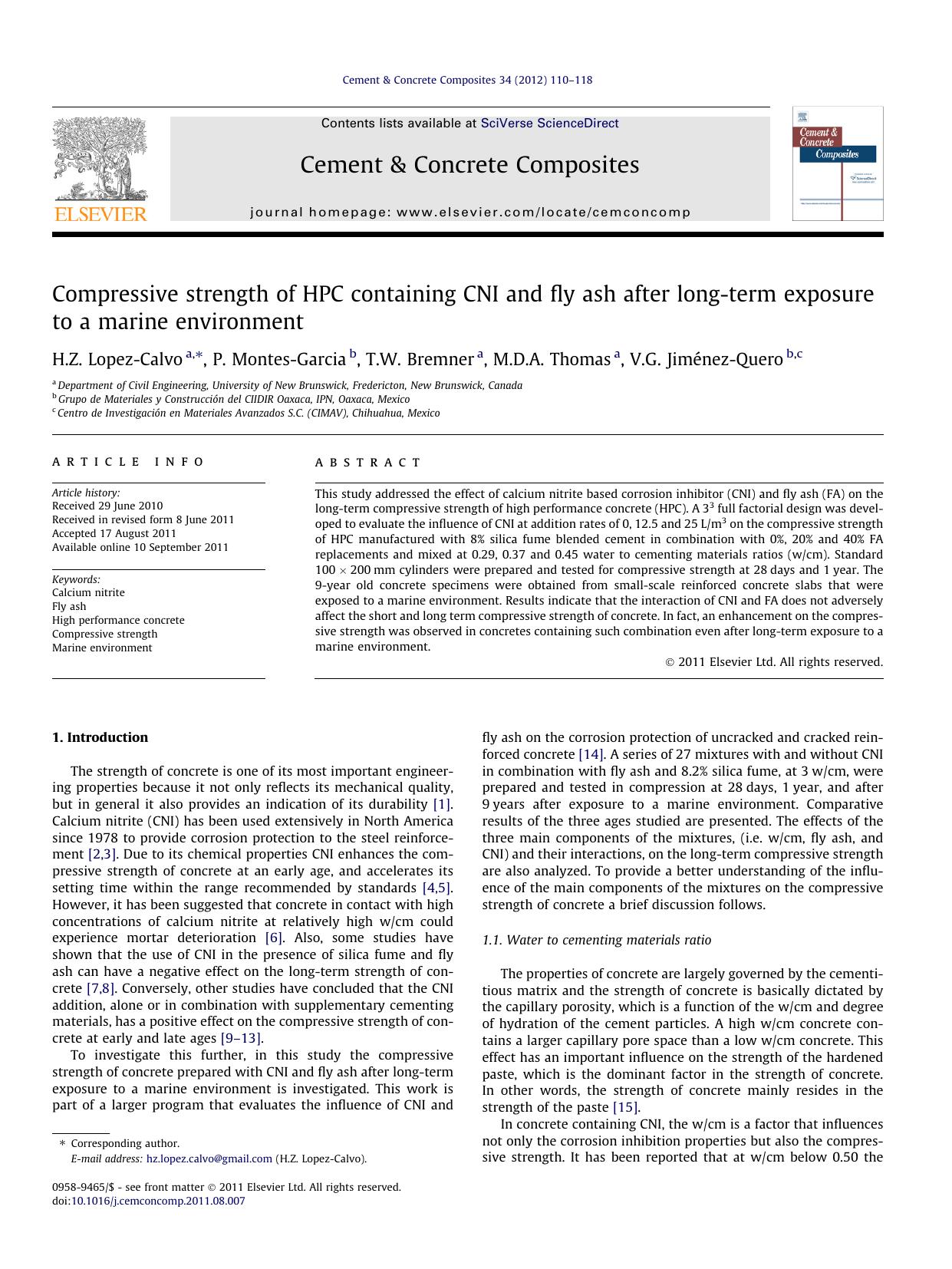 Compressive strength of HPC containing CNI and fly ash after long-term exposure to a marine environment by H.Z. Lopez-Calvo & P. Montes-Garcia & T.W. Bremner & M.D.A. Thomas & V.G. Jiménez-Quero