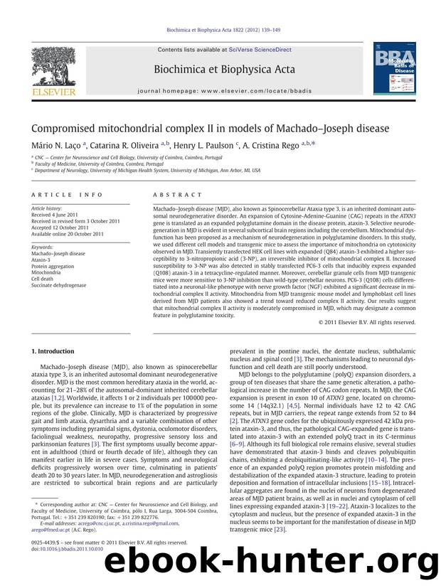 Compromised mitochondrial complex II in models of MachadoâJoseph disease by Mário N. Laço & Catarina R. Oliveira & Henry L. Paulson & A. Cristina Rego