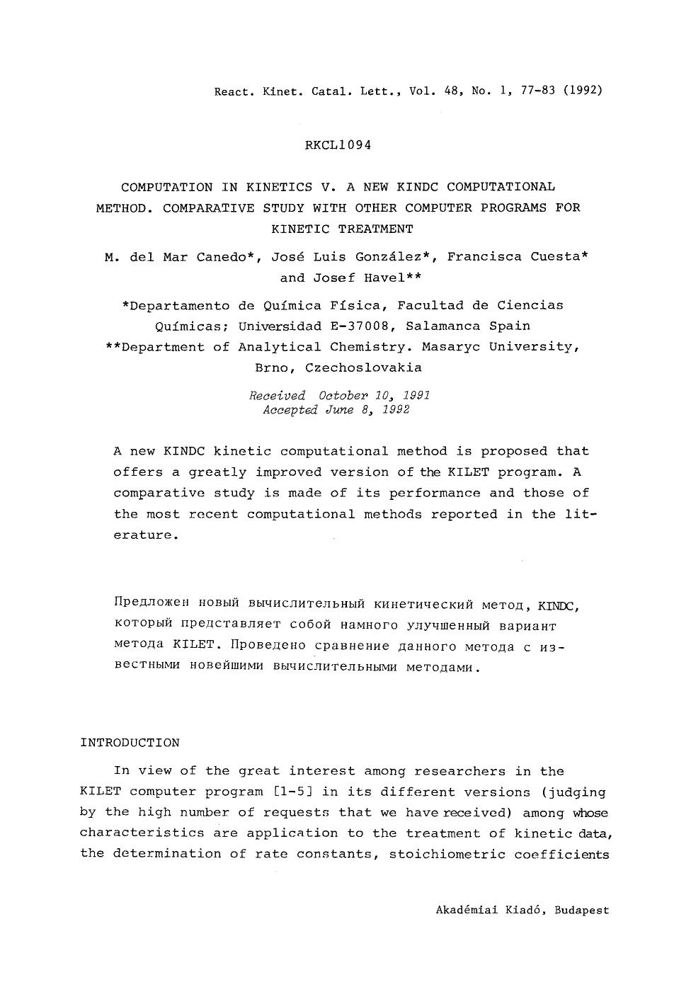 Computation in kinetics V. A new KINDC computational method. Comparative study with other computer programs for kinetic treatment by Unknown