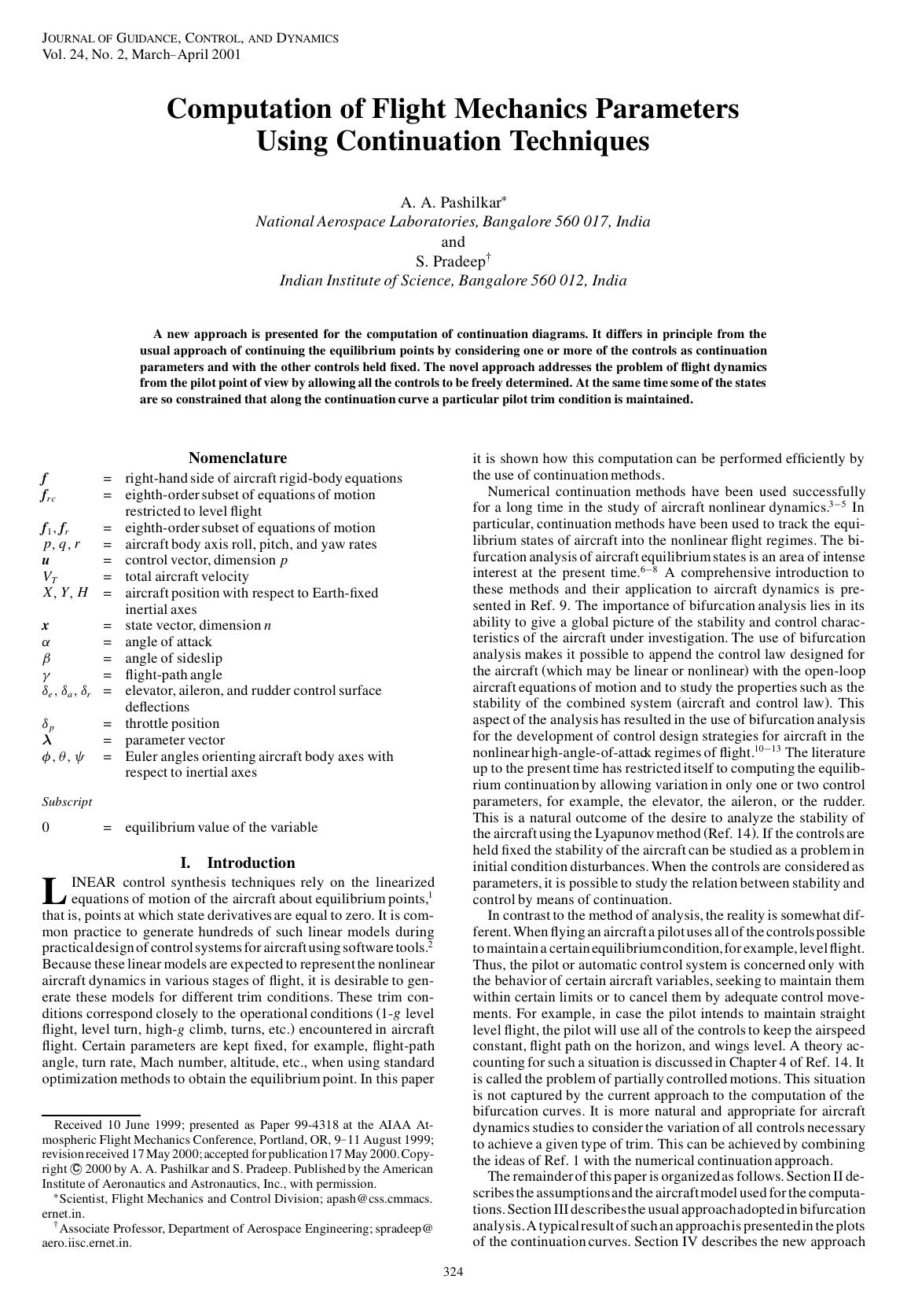 Computation of Flight Mechanics Parameters Using Continuation Techniques by Unknown