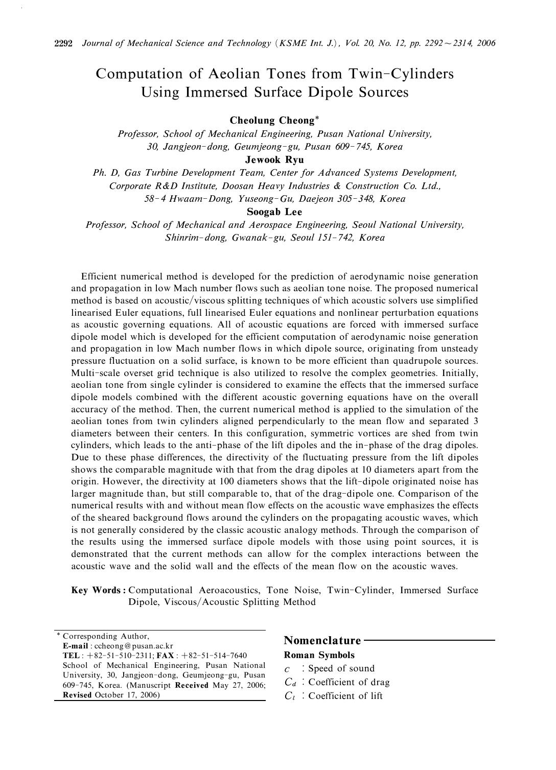 Computation of aeolian tones from twin-cylinders using immersed surface dipole sources by Unknown