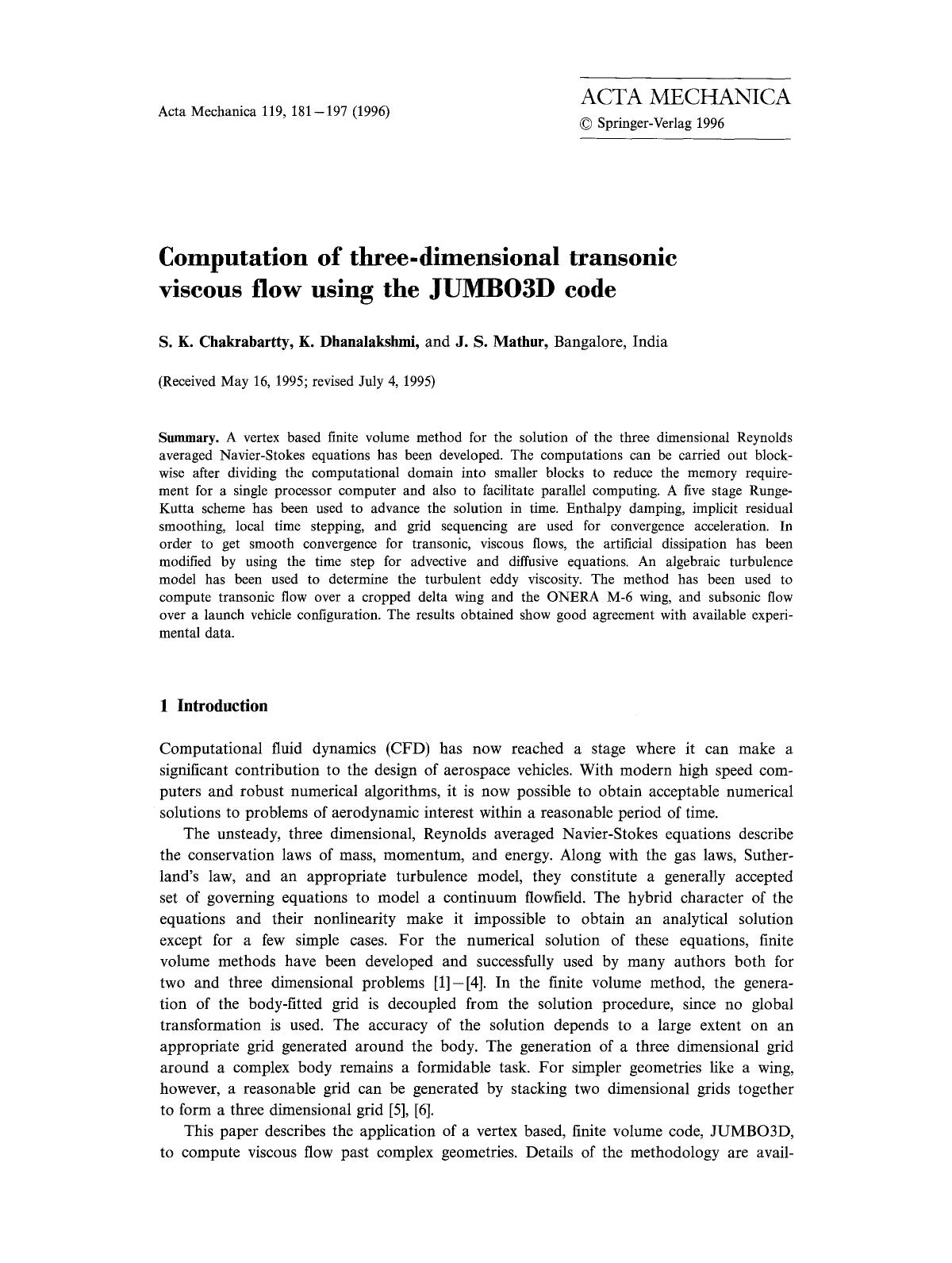 Computation of three-dimensional transonic viscous flow using the JUMB03D code by Unknown