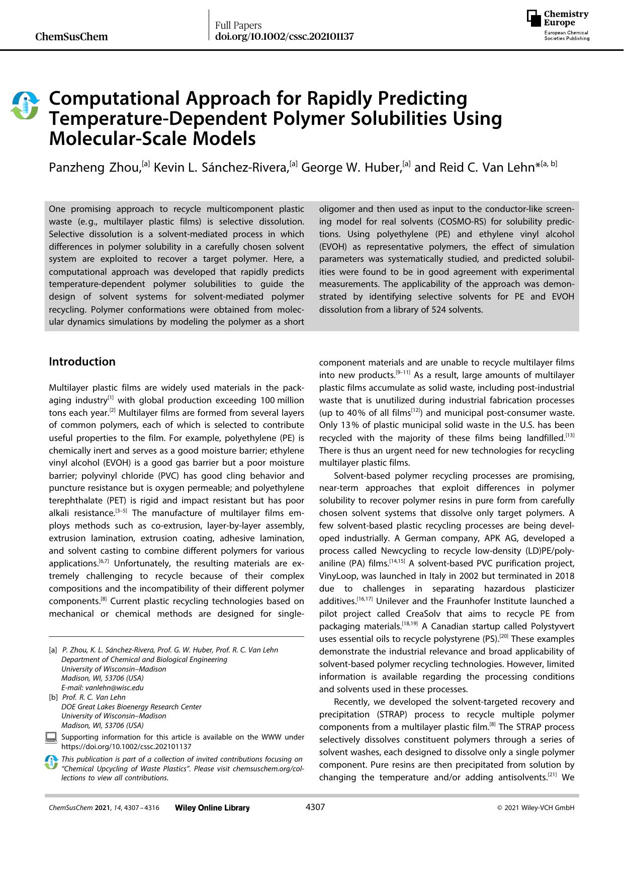 Computational Approach for Rapidly Predicting TemperatureâDependent Polymer Solubilities Using MolecularâScale Models by Unknown
