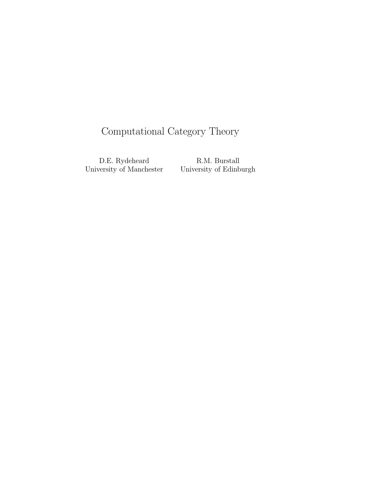 Computational Category Theory (D E Rydeheard, R M Burstall) by Unknown
