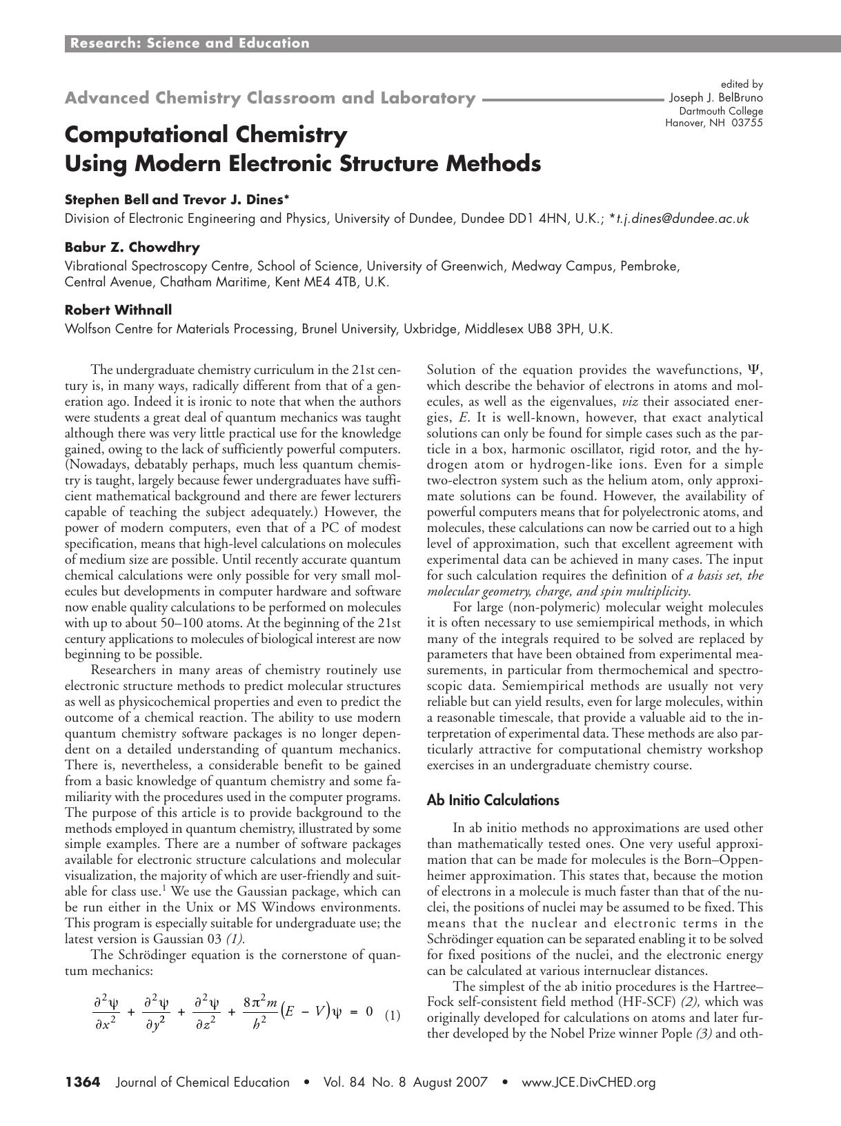 Computational Chemistry Using Modern Electronic Structure Methods by Stephen Bell Trevor J. Dines Babur Z. Chowdhry and Robert Withnall
