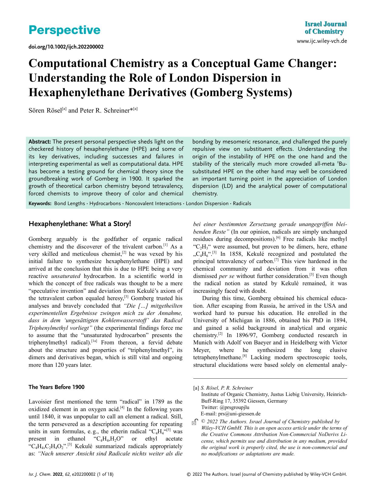 Computational Chemistry as a Conceptual Game Changer: Understanding the Role of London Dispersion in Hexaphenylethane Derivatives (Gomberg Systems) by Unknown