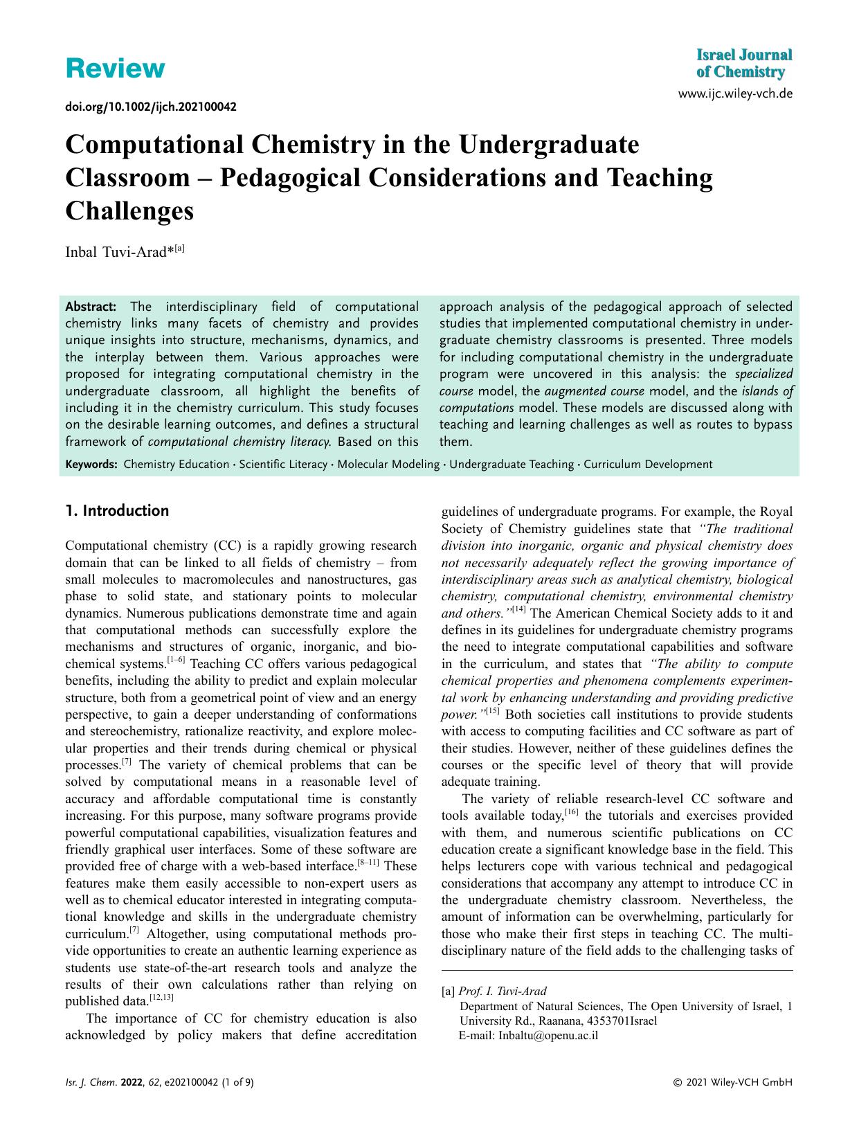 Computational Chemistry in the Undergraduate Classroomââ Pedagogical Considerations and Teaching Challenges by Unknown