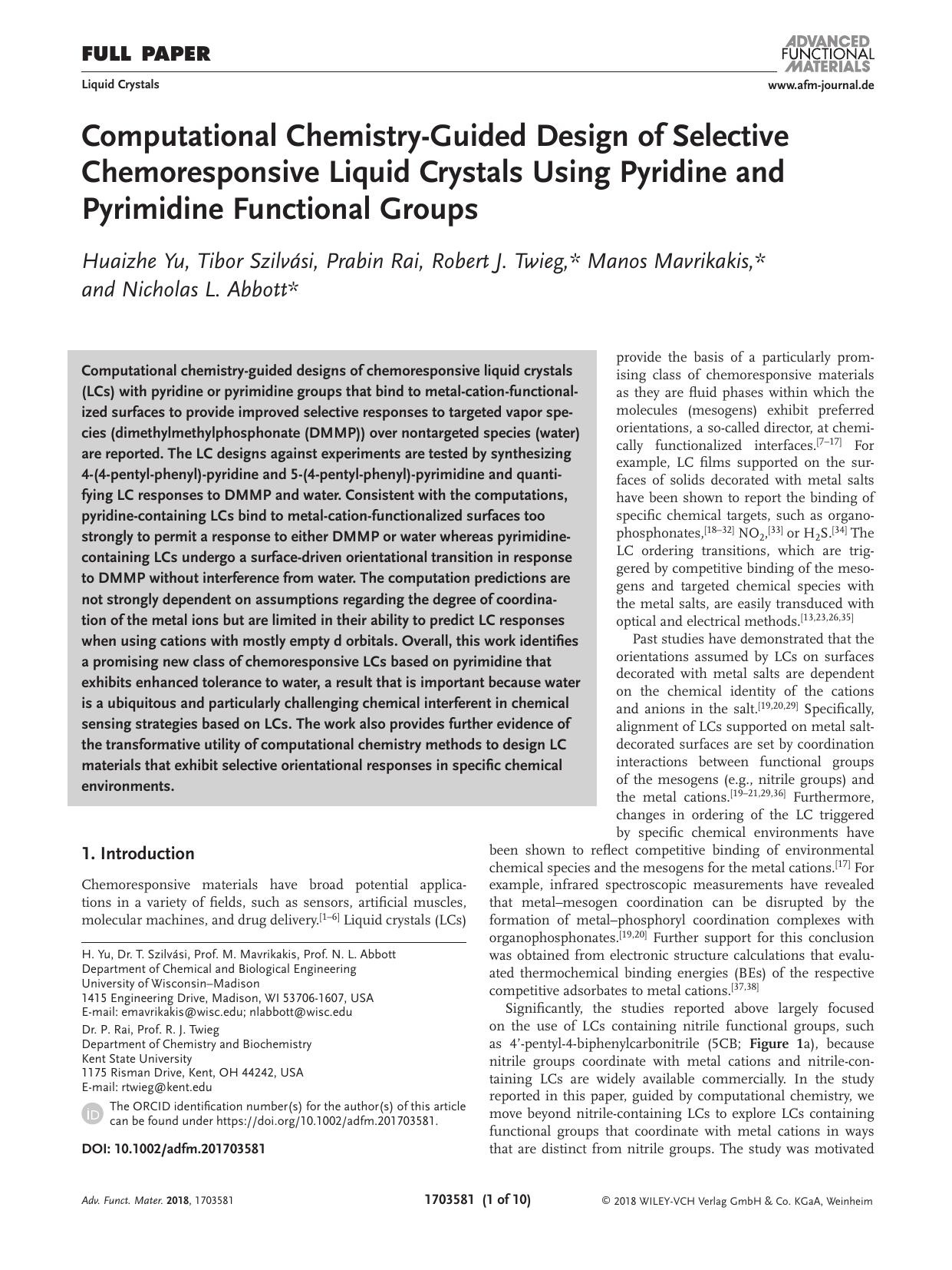 Computational Chemistry&#x02010;Guided Design of Selective Chemoresponsive Liquid Crystals Using Pyridine and Pyrimidine Functional Groups by Unknown