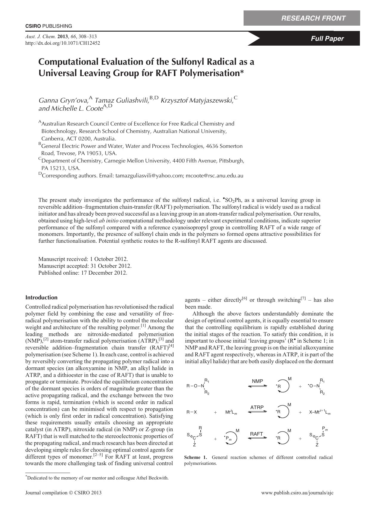 Computational Evaluation of the Sulfonyl Radical as a Universal Leaving Group for RAFT Polymerisation* by G. Gryn´ova et al