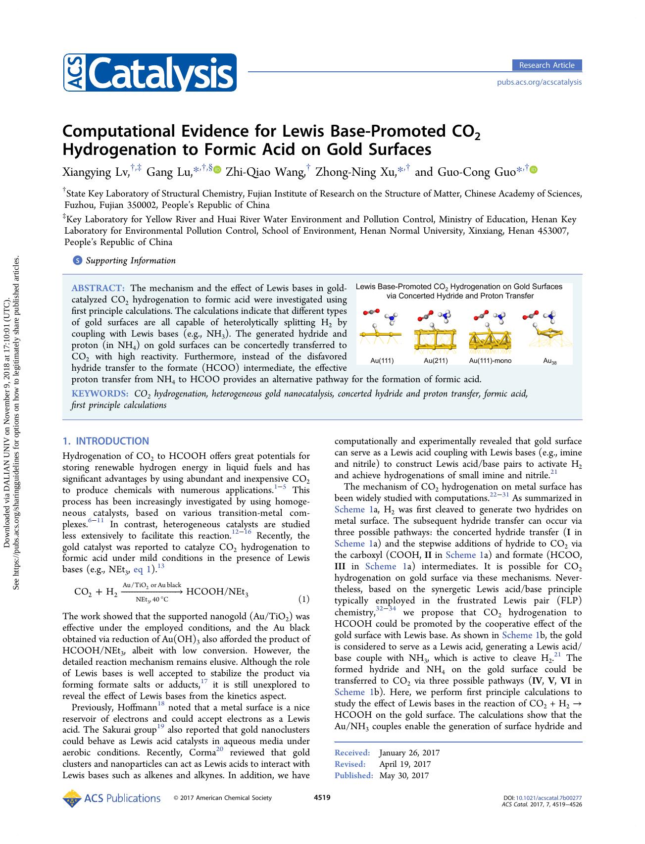 Computational Evidence for Lewis Base-Promoted CO2 Hydrogenation to Formic Acid on Gold Surfaces by Xiangying Lv Gang Lu Zhi-Qiao Wang Zhong-Ning Xu & Guo-Cong Guo