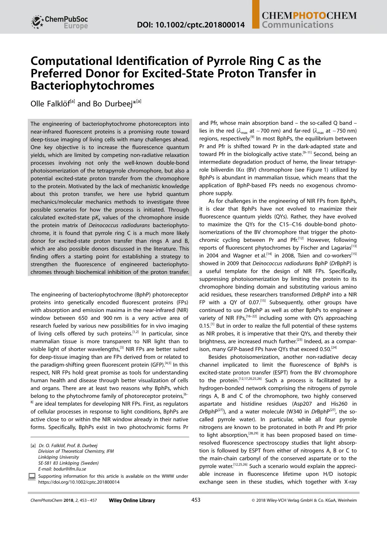 Computational Identification of Pyrrole Ring C as the Preferred Donor for ExcitedâState Proton Transfer in Bacteriophytochromes by Unknown