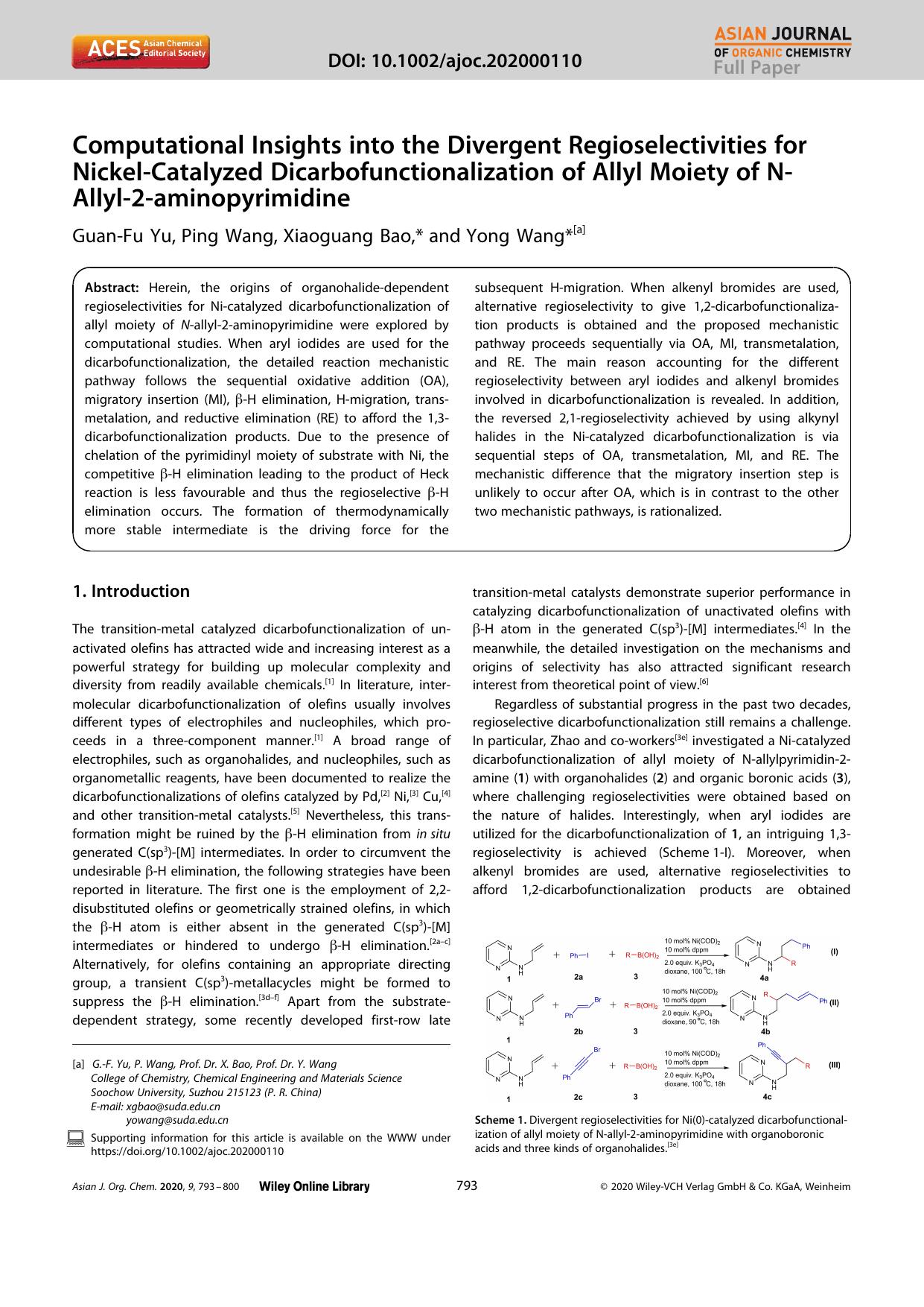 Computational Insights into the Divergent Regioselectivities for NickelâCatalyzed Dicarbofunctionalization of Allyl Moiety of NâAllylâ2âaminopyrimidine by Unknown