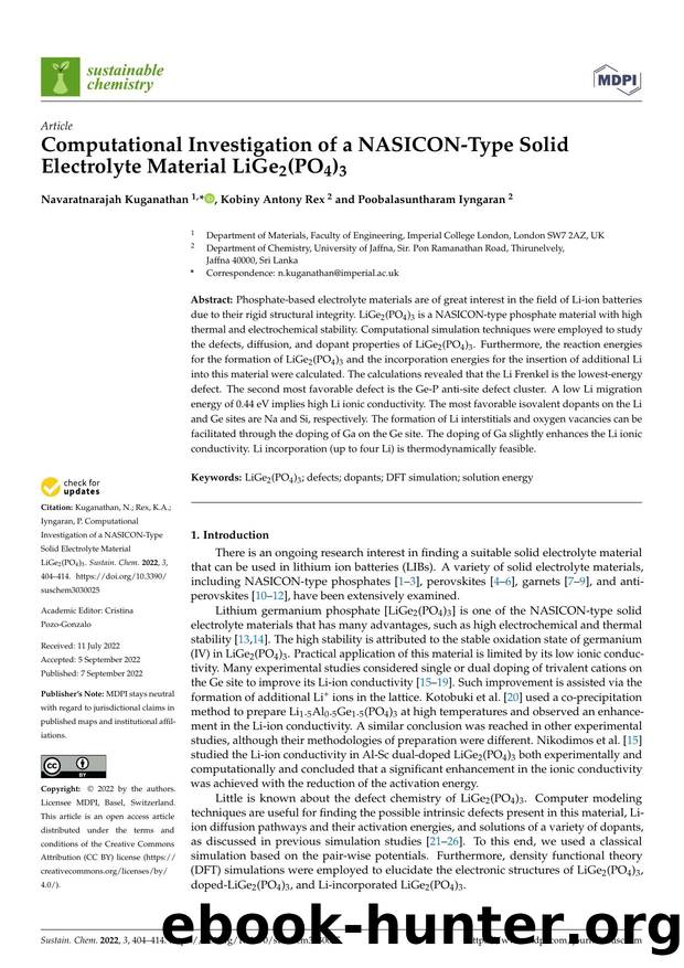 Computational Investigation of a NASICON-Type Solid Electrolyte Material LiGe2(PO4)3 by Navaratnarajah Kuganathan Kobiny Antony Rex & Poobalasuntharam Iyngaran