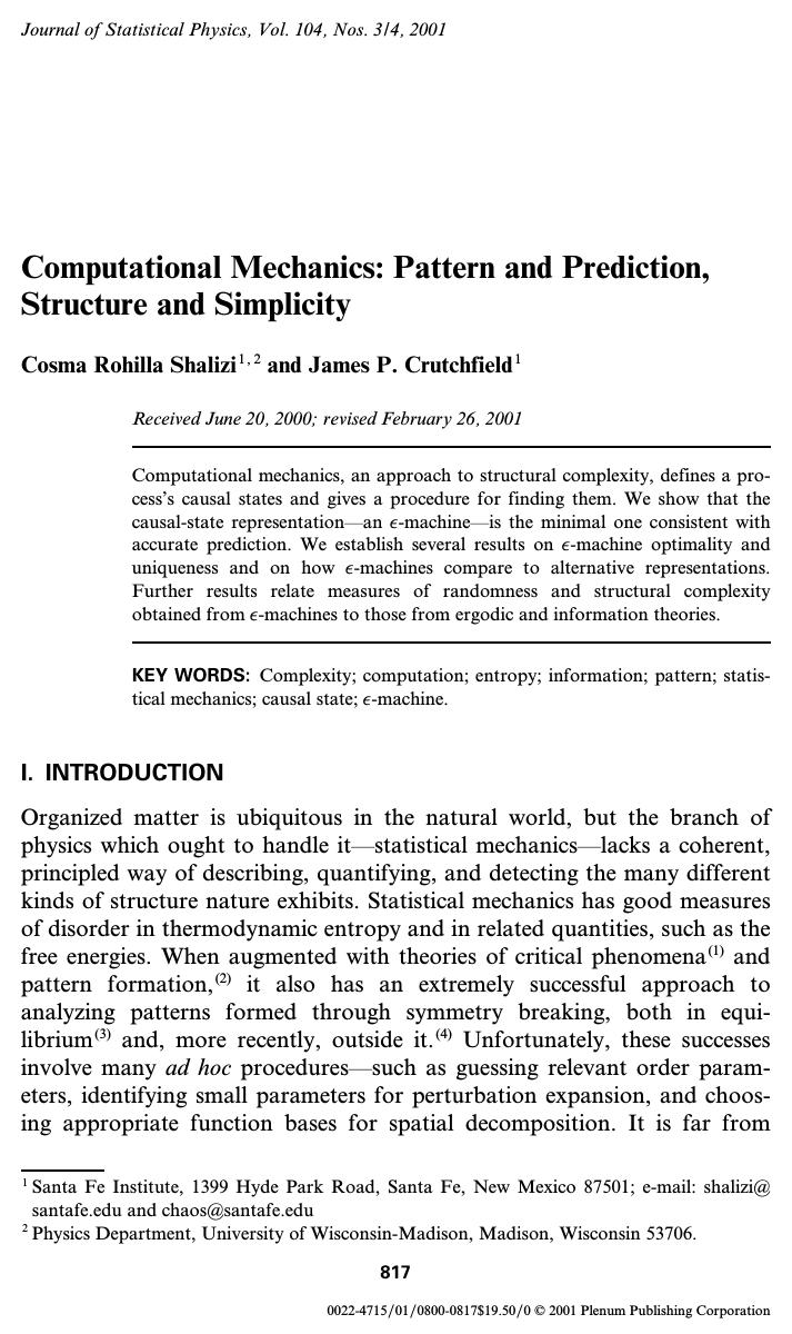 Computational Mechanics: Pattern and Prediction, Structure and Simplicity by Unknown
