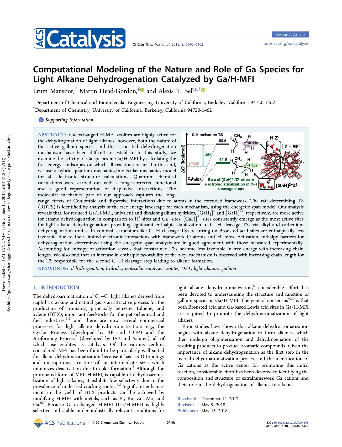 Computational Modeling of the Nature and Role of Ga Species for Light Alkane Dehydrogenation Catalyzed by GaH-MFI by Erum Mansoor & Martin Head-Gordon & Alexis T. Bell