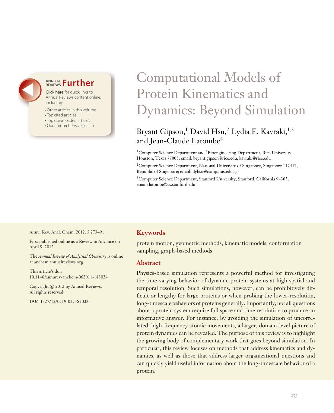 Computational Models of Protein Kinematics and Dynamics: Beyond Simulation by Bryant Gipson David Hsu Lydia E. Kavraki and Jean-Claude Latombe