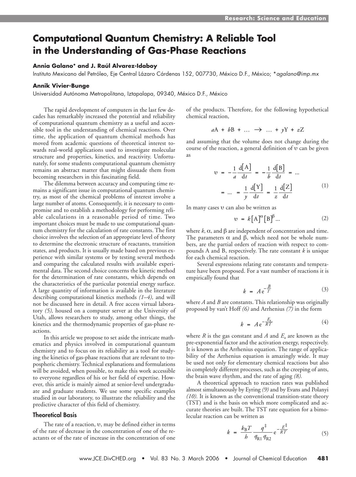Computational Quantum Chemistry: A Reliable Tool in the Understanding of Gas-Phase Reactions by Annia Galano J. Raœl Alvarez-Idaboy & Annik Vivier-Bunge