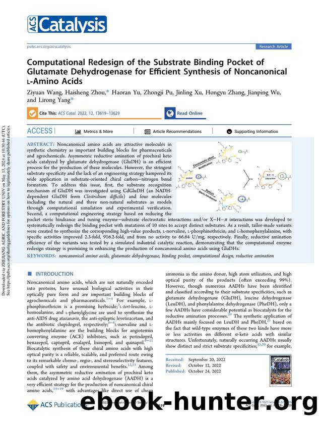 Computational Redesign of the Substrate Binding Pocket of Glutamate Dehydrogenase for Efficient Synthesis of Noncanonical l-Amino Acids by unknow