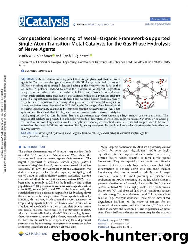 Computational Screening of MetalâOrganic Framework-Supported Single-Atom Transition-Metal Catalysts for the Gas-Phase Hydrolysis of Nerve Agents by Matthew L. Mendonca & Randall Q. Snurr
