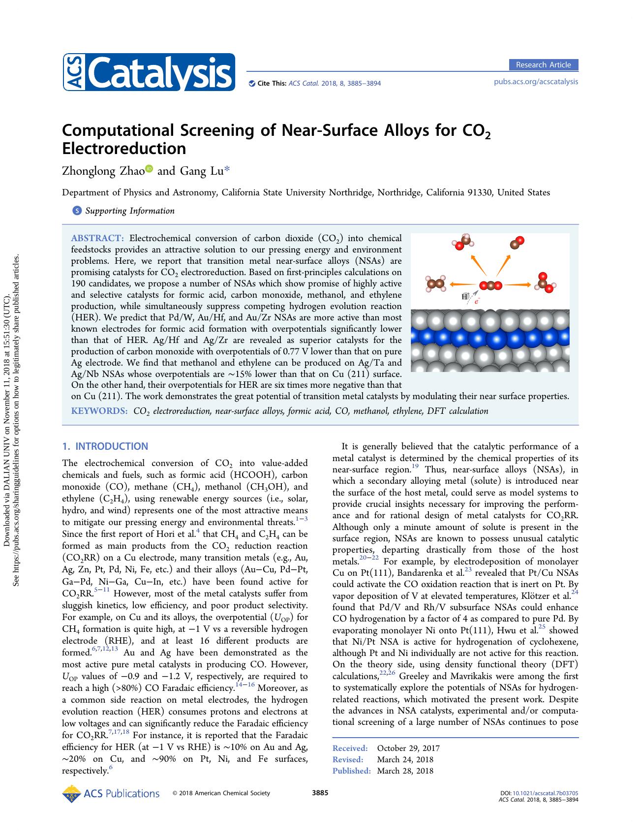 Computational Screening of Near-Surface Alloys for CO2 Electroreduction by Zhonglong Zhao & Gang Lu
