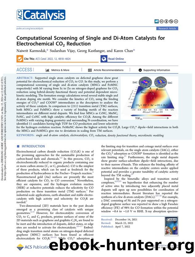 Computational Screening of Single and Di-Atom Catalysts for Electrochemical CO2 Reduction by Naiwrit Karmodak Sudarshan Vijay Georg Kastlunger & Karen Chan