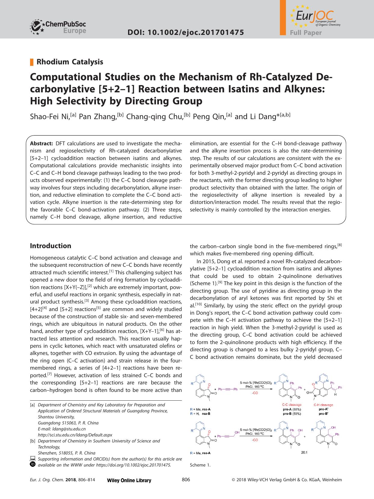Computational Studies on the Mechanism of Rh‐Catalyzed Decarbonylative [5+2–1] Reaction between Isatins and Alkynes: High Selectivity by Directing Group by Unknown