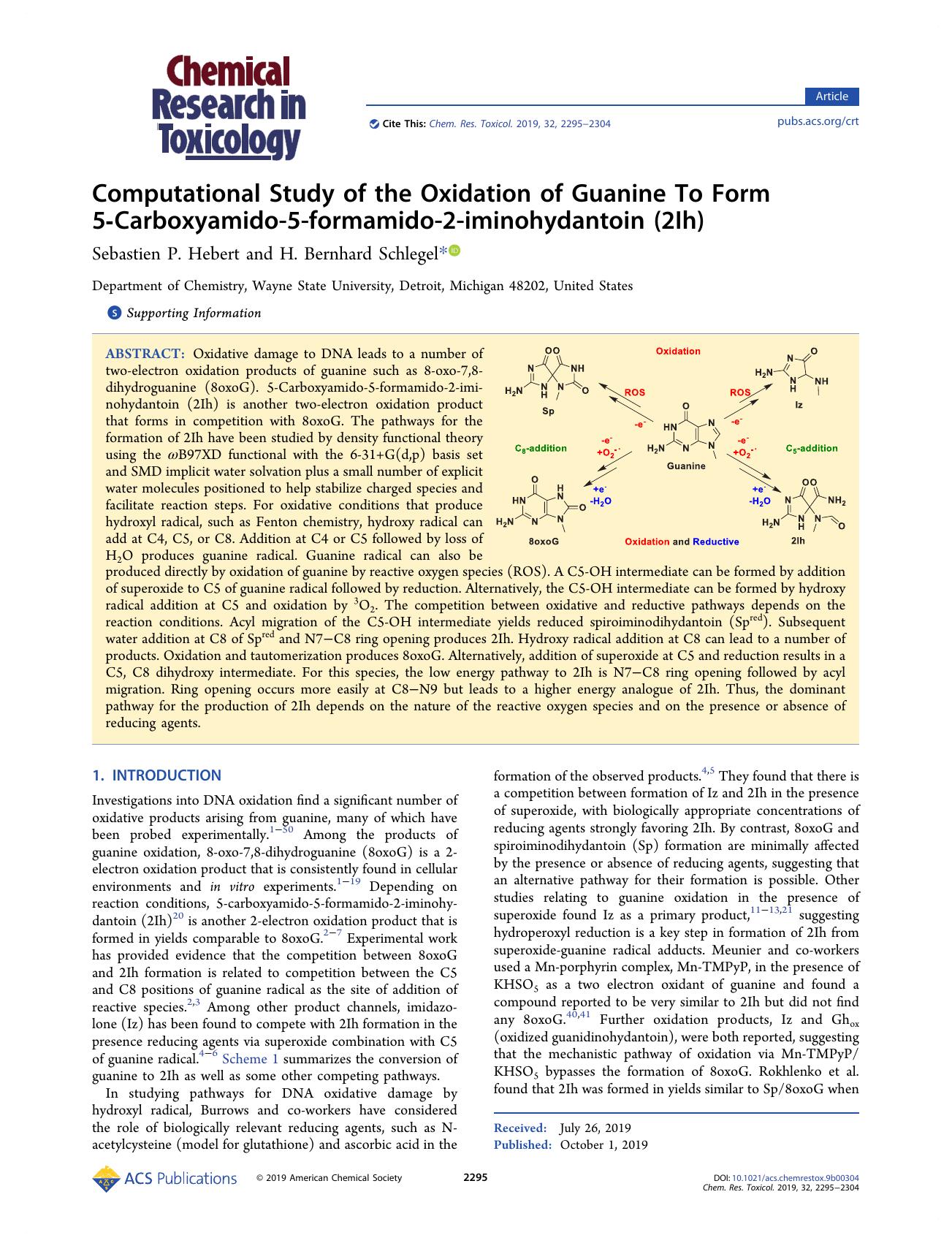 Computational Study of the Oxidation of Guanine To Form 5-Carboxyamido-5-formamido-2-iminohydantoin (2Ih) by Sebastien P. Hebert and H. Bernhard Schlegel
