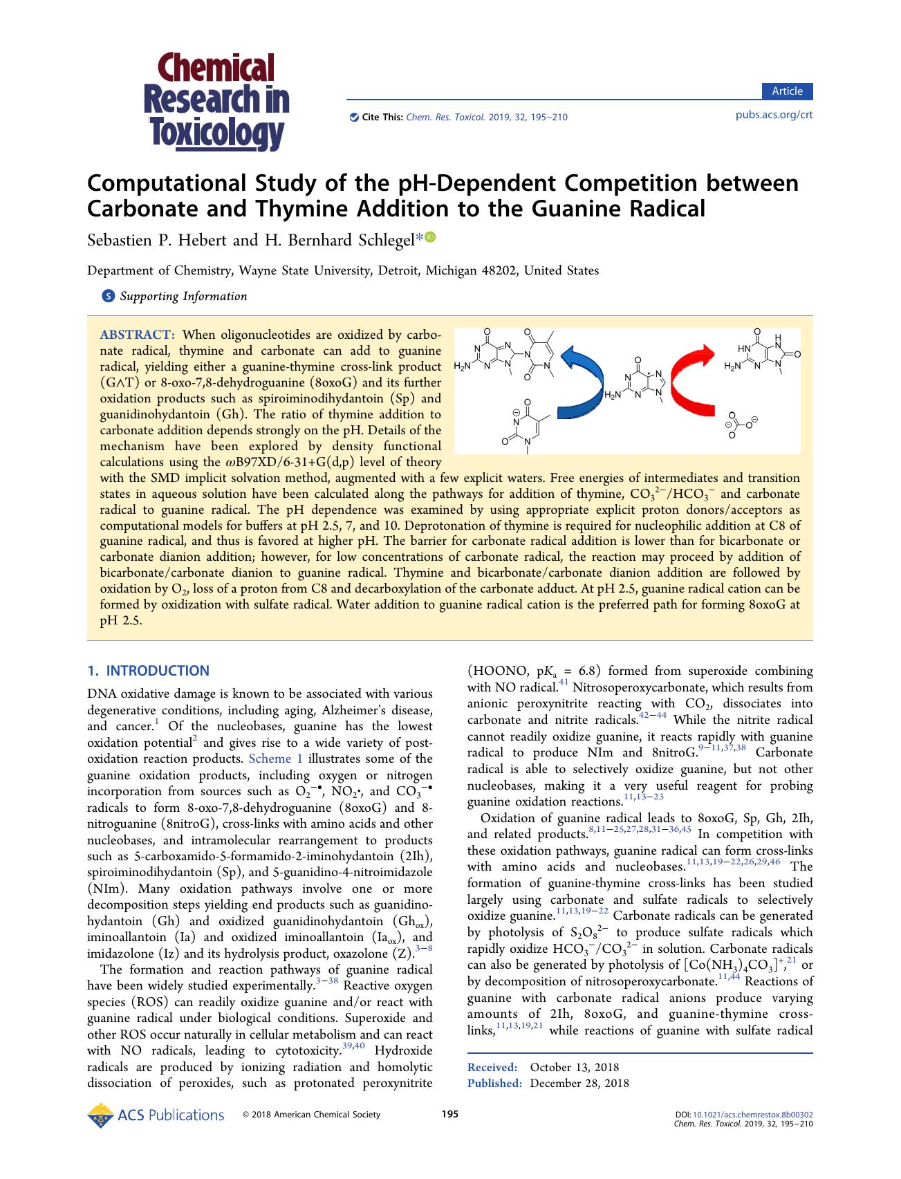 Computational Study of the pH-Dependent Competition between Carbonate and Thymine Addition to the Guanine Radical by Sebastien P. Hebert and H. Bernhard Schlegel