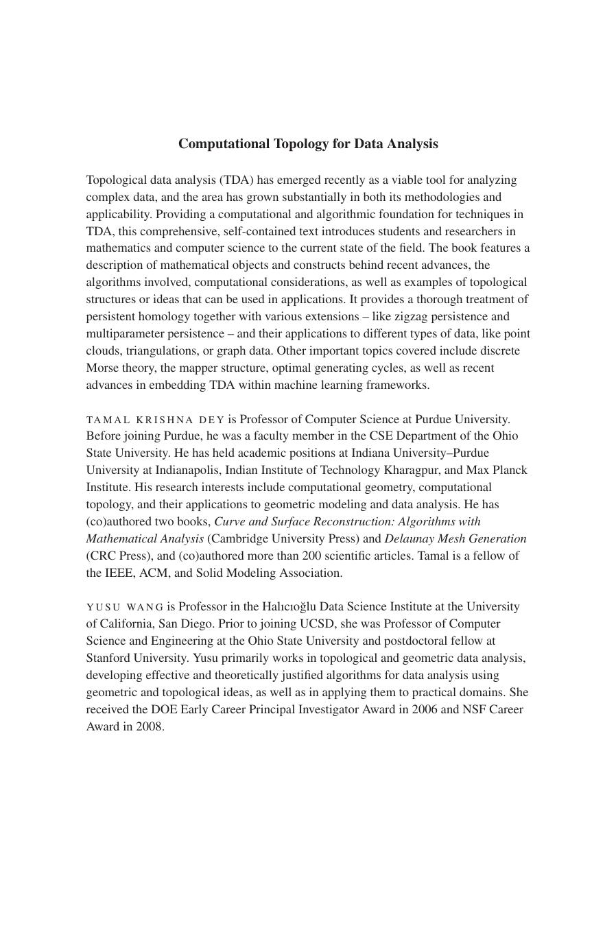 Computational Topology for Data Analysis by TAMAL KRISHNA DEY YUSU WANG