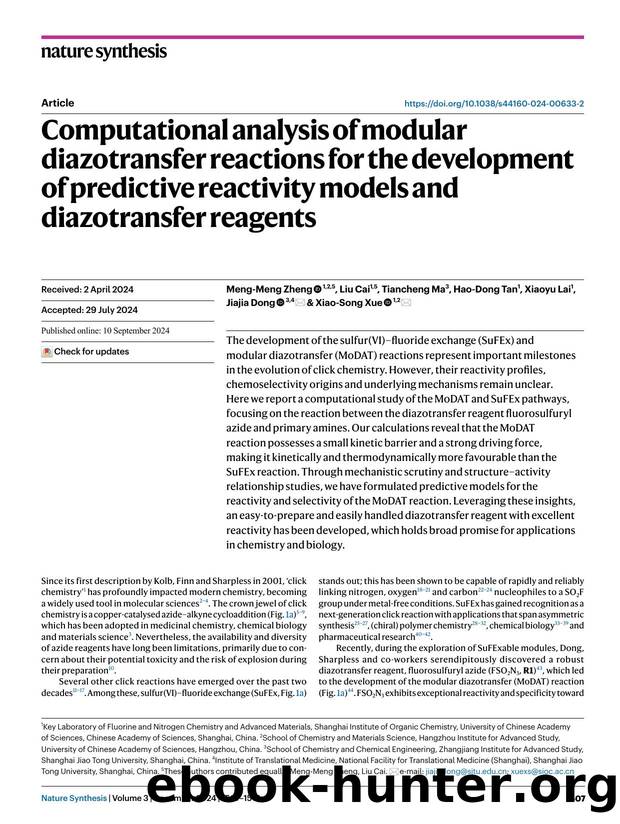 Computational analysis of modular diazotransfer reactions for the development of predictive reactivity models and diazotransfer reagents by Meng-Meng Zheng & Liu Cai & Tiancheng Ma & Hao-Dong Tan & Xiaoyu Lai & Jiajia Dong & Xiao-Song Xue