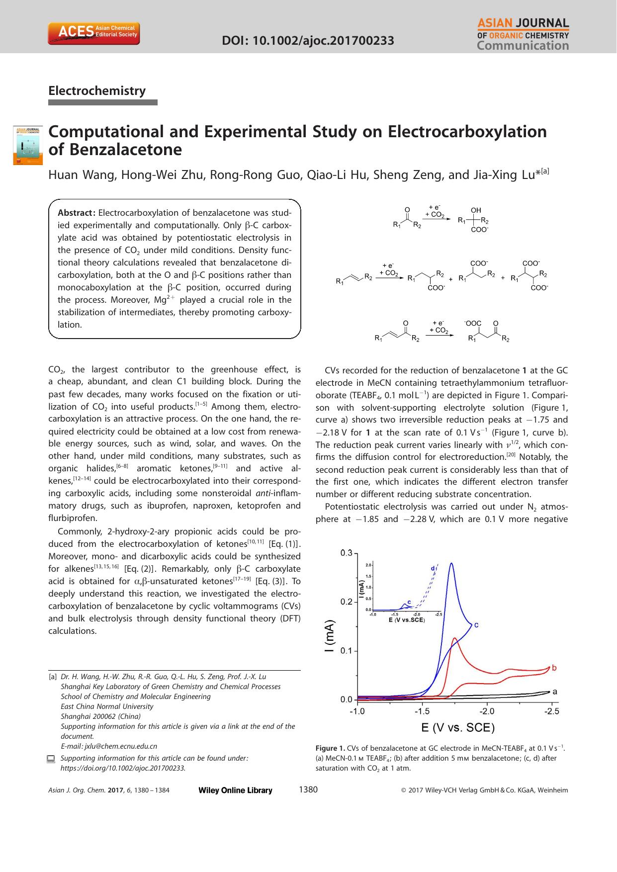 Computational and Experimental Study on Electrocarboxylation of Benzalacetone by Unknown