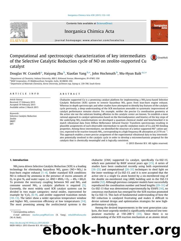 Computational and spectroscopic characterization of key intermediates of the Selective Catalytic Reduction cycle of NO on zeolite-supported Cu catalyst by Douglas W. Crandell & Haiyang Zhu & Xiaofan Yang & John Hochmuth & Mu-Hyun Baik