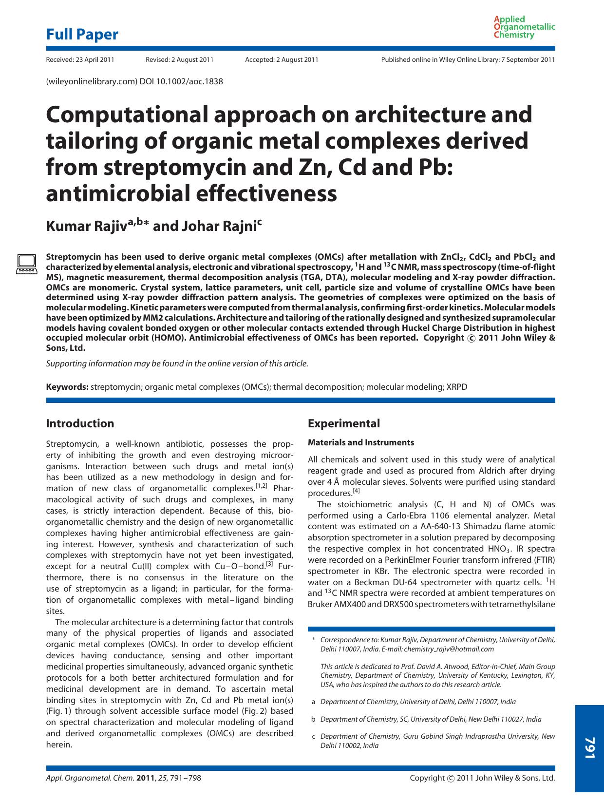 Computational approach on architecture and tailoring of organic metal complexes derived from streptomycin and Zn, Cd and Pb: antimicrobial effectiveness by Unknown