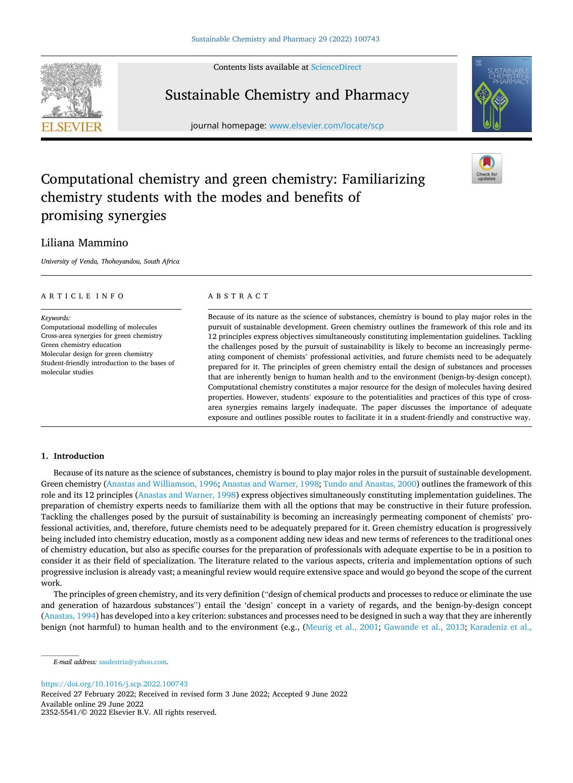 Computational chemistry and green chemistry: Familiarizing chemistry students with the modes and benefits of promising synergies by Liliana Mammino