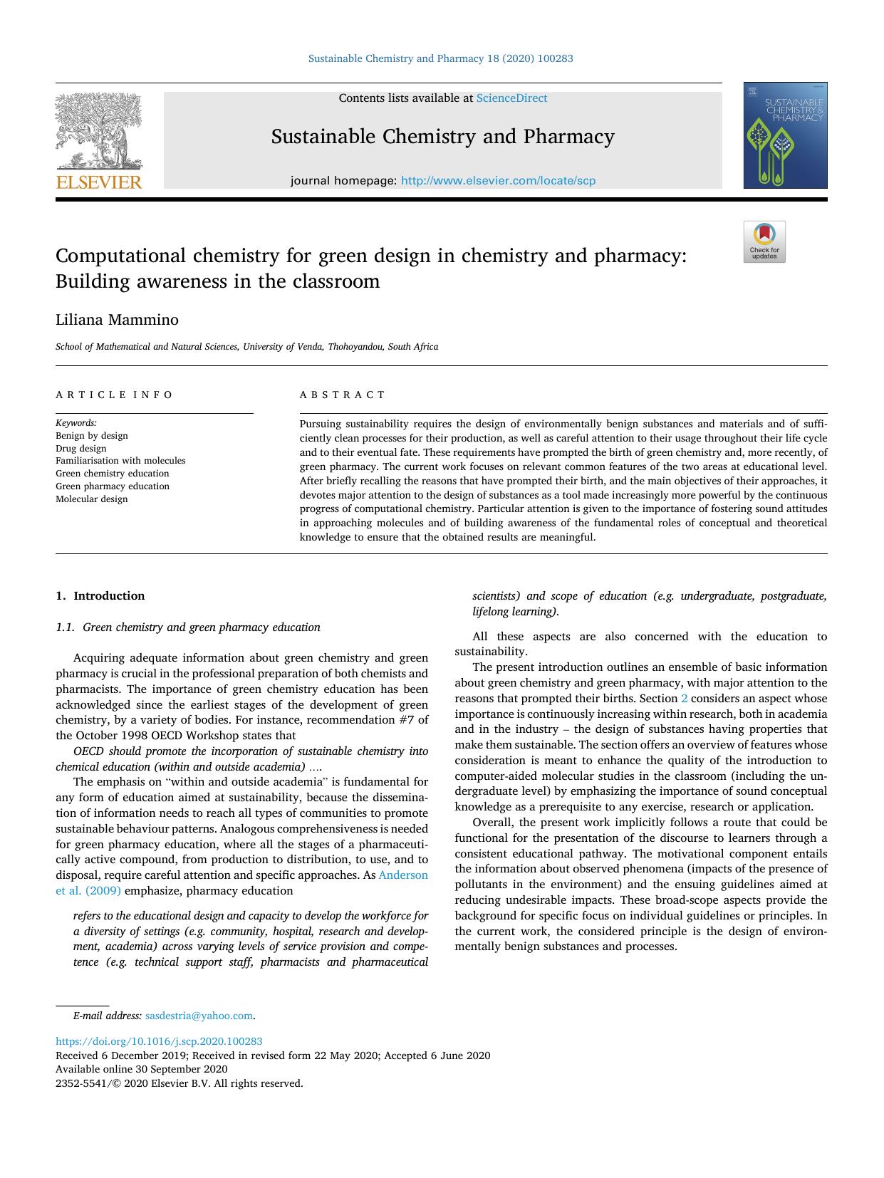 Computational chemistry for green design in chemistry and pharmacy: Building awareness in the classroom by Liliana Mammino