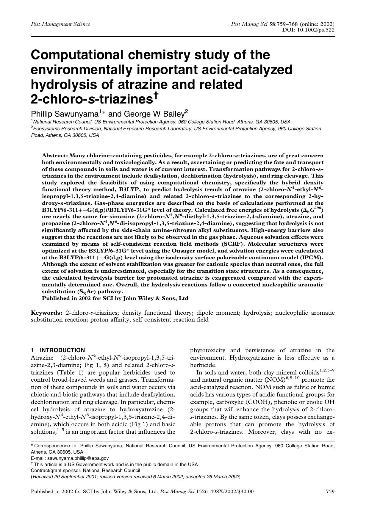 Computational chemistry study of the environmentally important acid-catalyzed hydrolysis of atrazine and related 2-chloro-s-triazines by Unknown