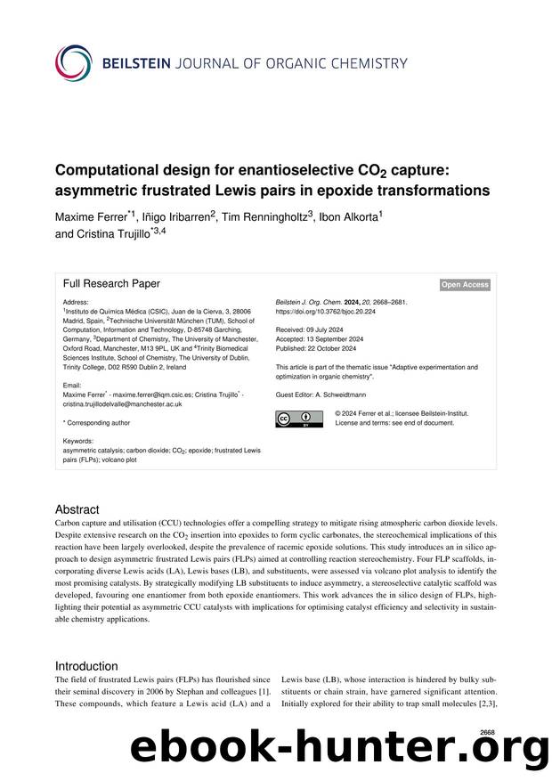 Computational design for enantioselective CO2 capture: asymmetric frustrated Lewis pairs in epoxide transformations by Maxime Ferrer Iñigo Iribarren Tim Renningholtz Ibon Alkorta Cristina Trujillo