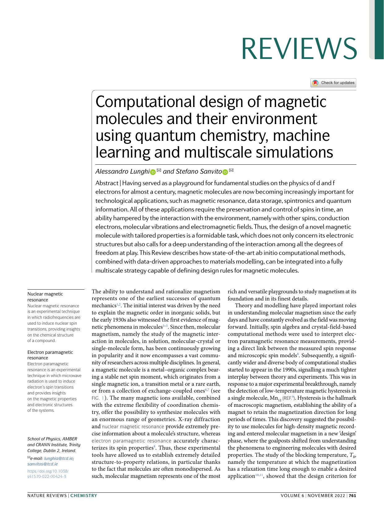 Computational design of magnetic molecules and their environment using quantum chemistry, machine learning and multiscale simulations by Alessandro Lunghi & Stefano Sanvito